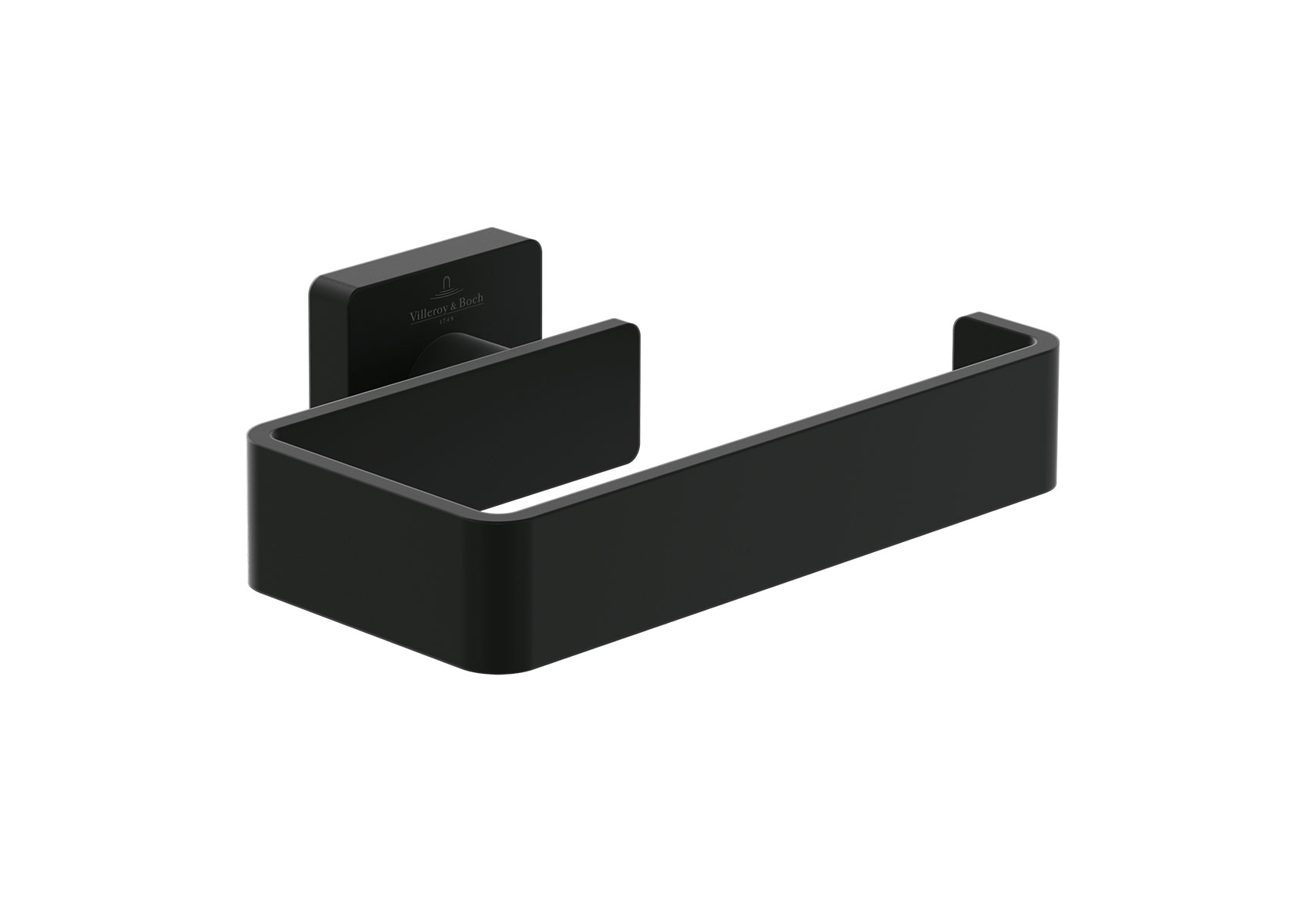 Schwarzer Toilettenpapierhalter zur Wandmontage mit offenem, eckigem Design in matter Optik