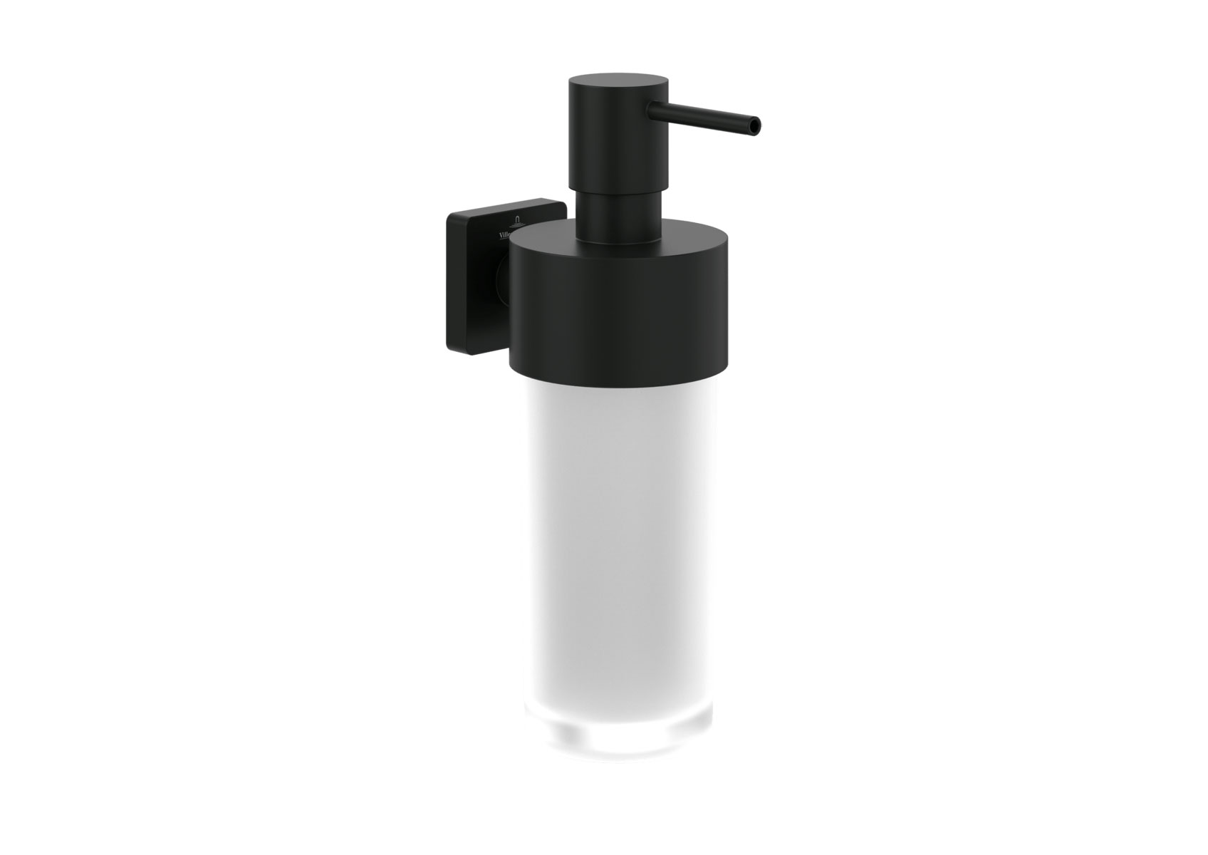 Elegant wall-mounted soap dispenser in frosted glass with black holder and pump head