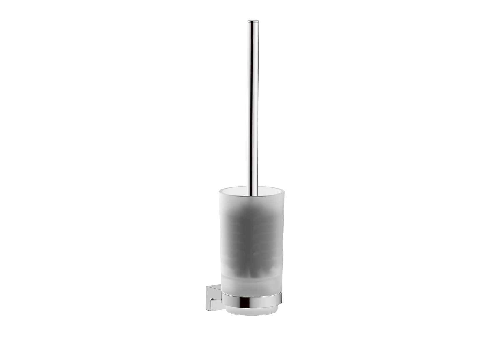 Wandmontierte WC-Bürste mit Behälter aus mattiertem Glas und Halterung in Chrom