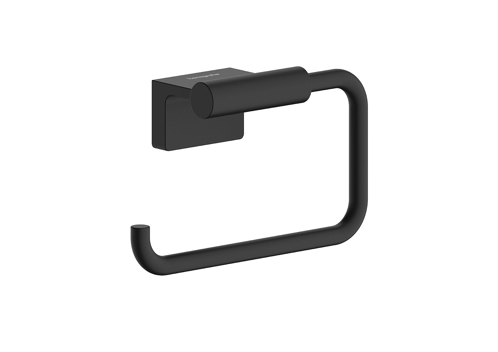 Abgebildet ist ein mattschwarzer Toilettenpapierhalter zur Wandmontage mit offenem, eckig gerundetem Bügel im minimalistischen Design.