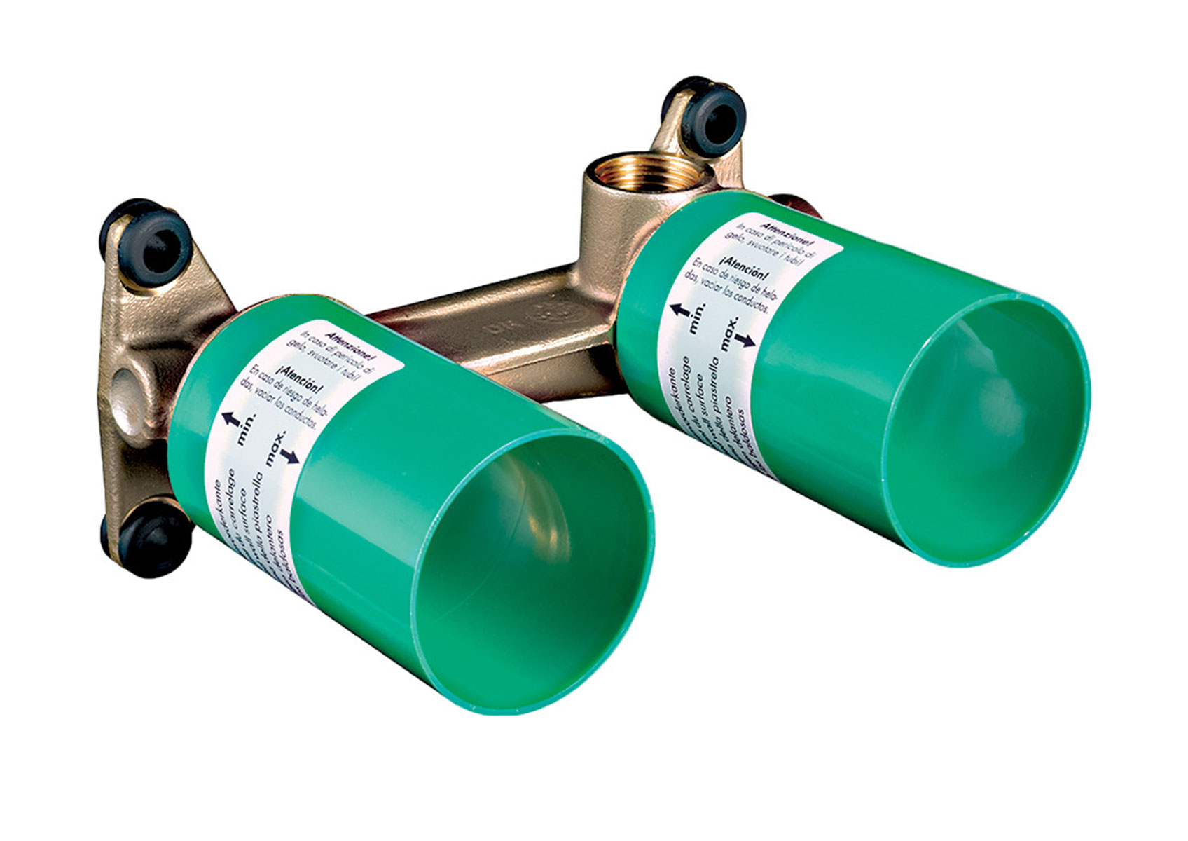 Brass concealed installation body for a 2-hole wall-mounted tap with green protective caps for in-wall fitting