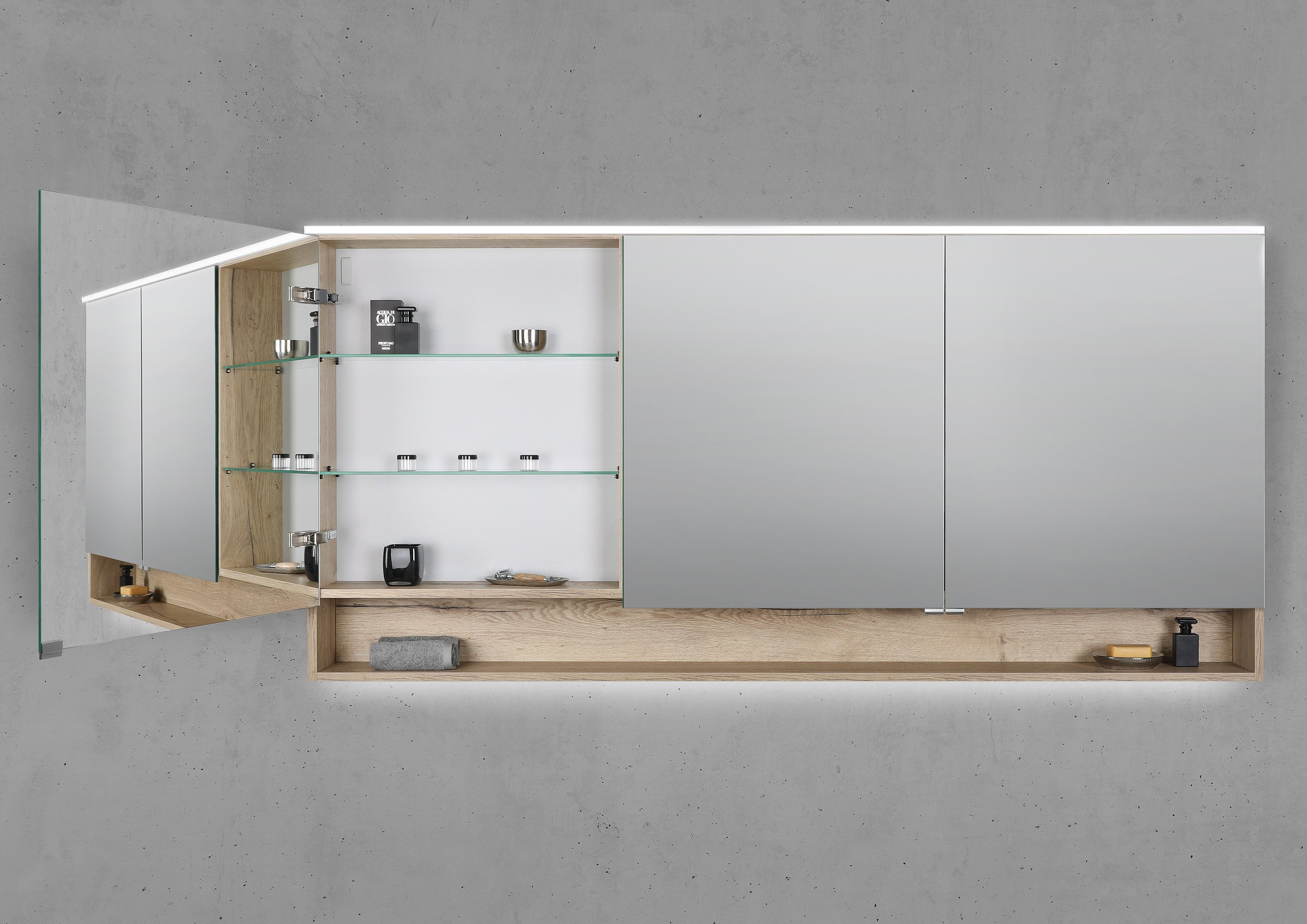 Spiegelschrank 180 cm mit offenem Fach Multilight-LED-Beleuchtung Doppelspiegeltüren