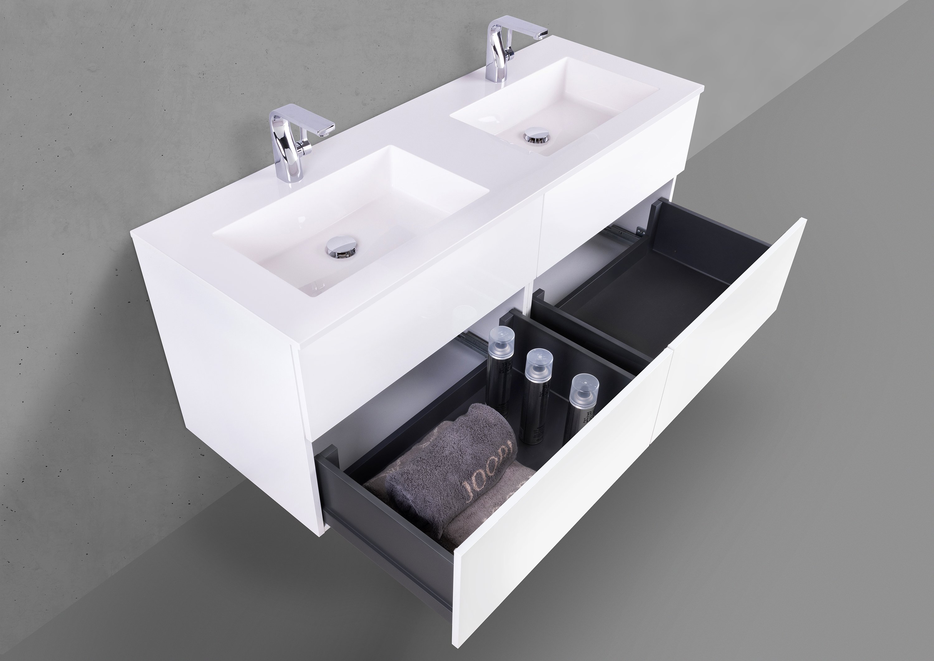 Doppelwaschtisch 140 cm mit Unterschrank Push to Open, Badmöbel INTARBAD SKY