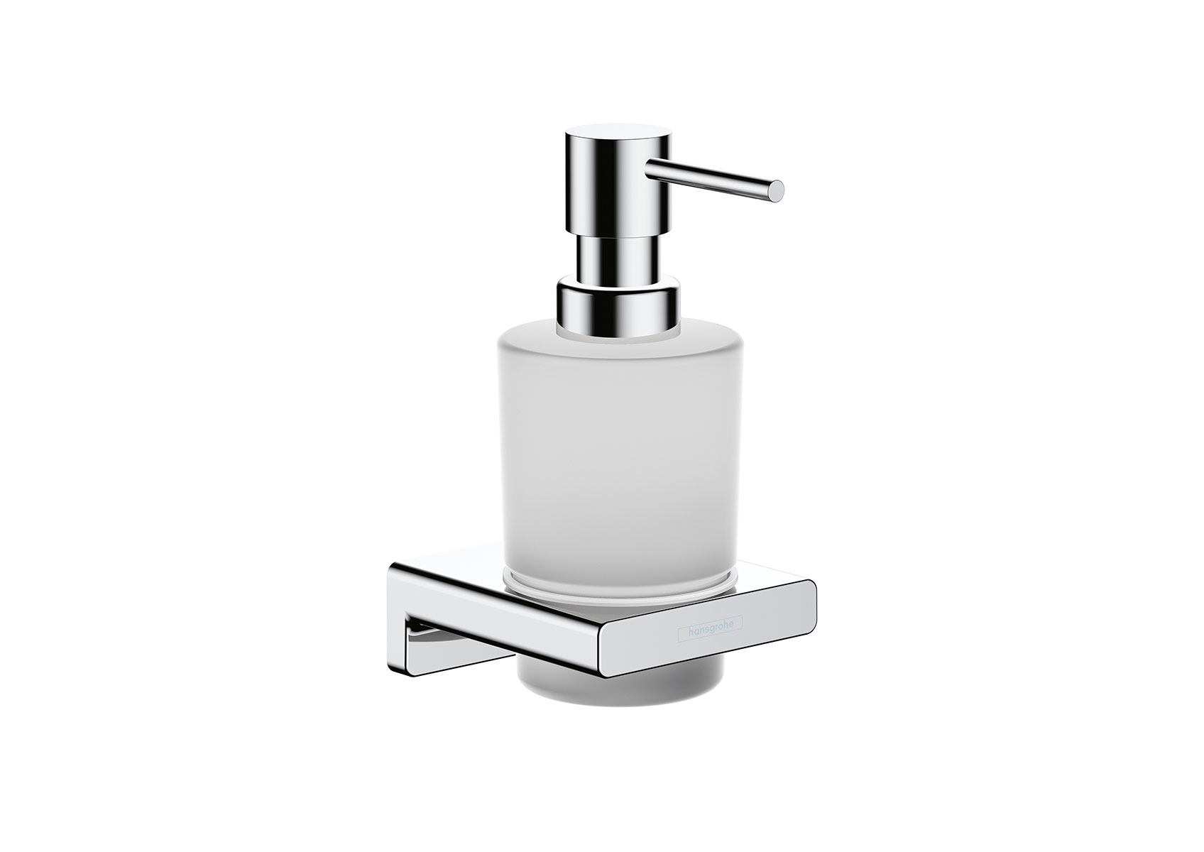 Eleganter wandmontierter Seifenspender aus satiniertem Glas mit verchromtem Halter und Pumpe für Bad oder Gäste-WC