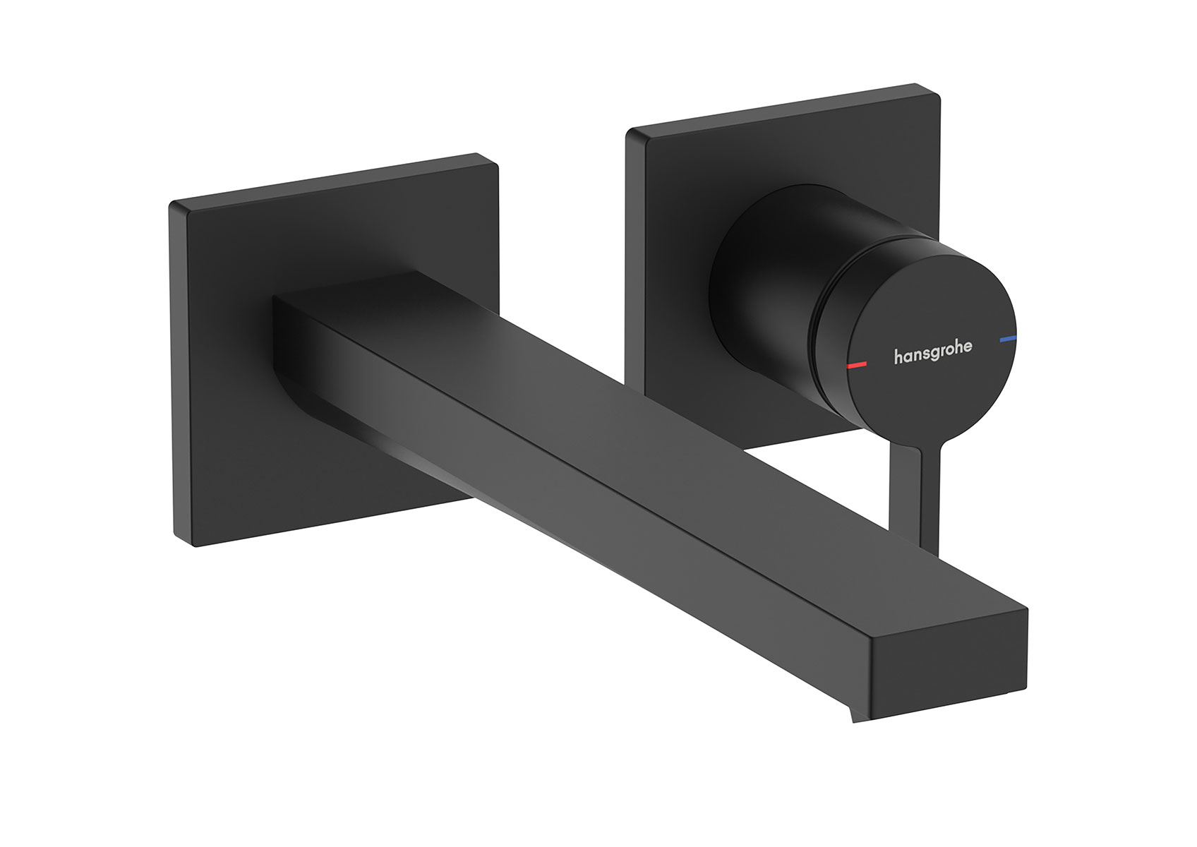 Schwarze hansgrohe Unterputz-Waschtischarmatur mit eckigem Wandauslauf und rundem Einhebelmischer auf eckigen Rosetten