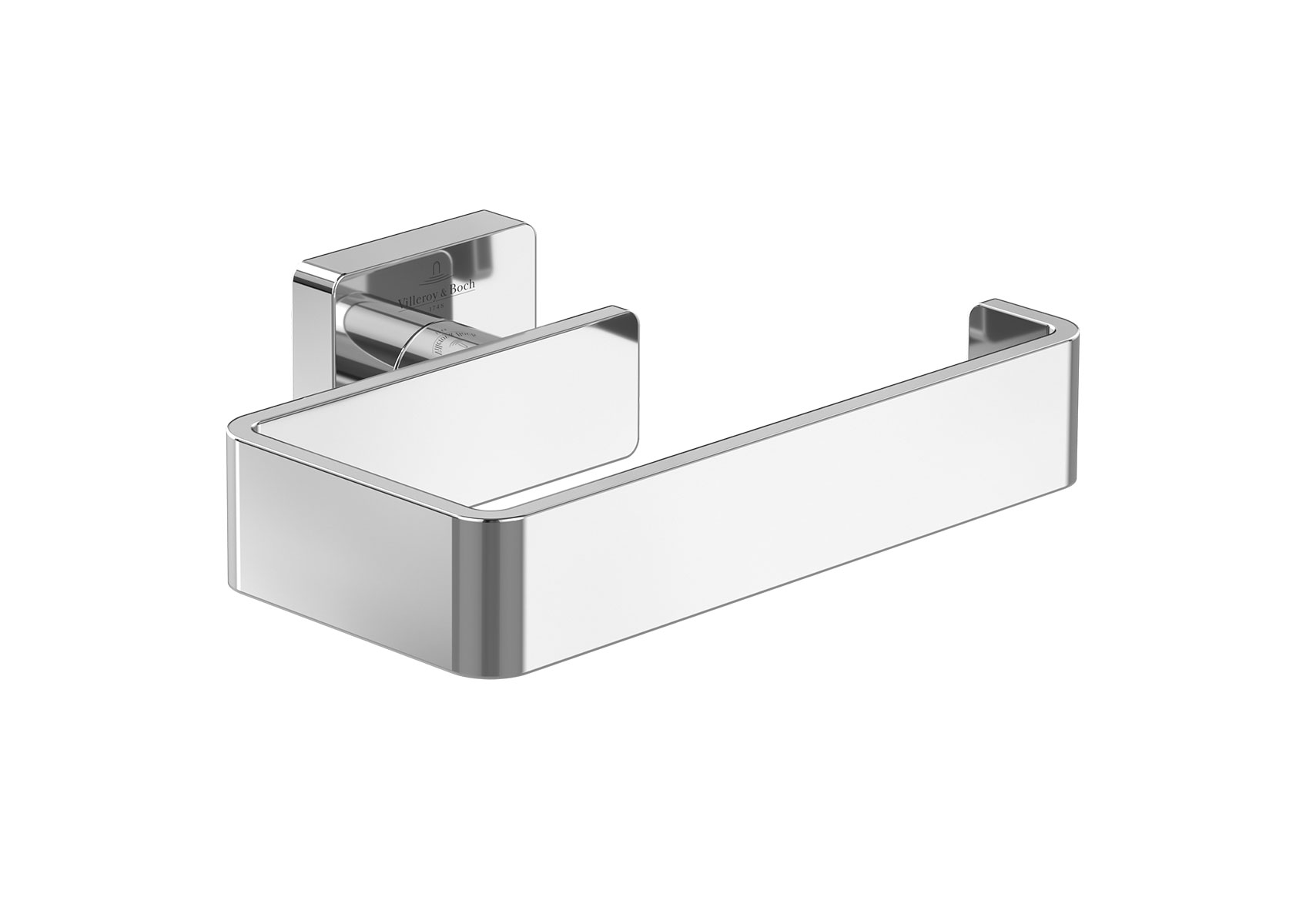 Abgebildet ist ein verchromter Toilettenpapierhalter von Villeroy & Boch mit kantiger Form und glänzender Oberfläche für die Wandmontage im Bad.