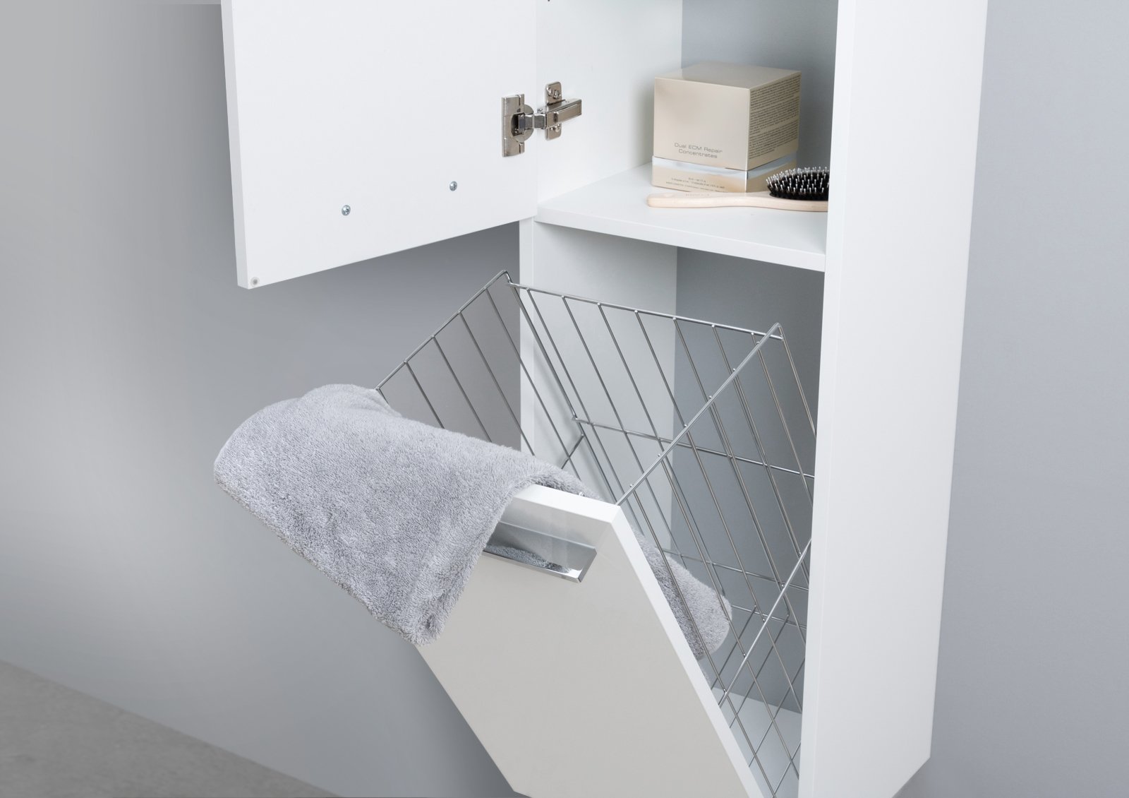 Badschrank mit Wäschekippe Hochschrank H/B/T: 161,6/40/32,5cm Weiß Hochglanz Lack